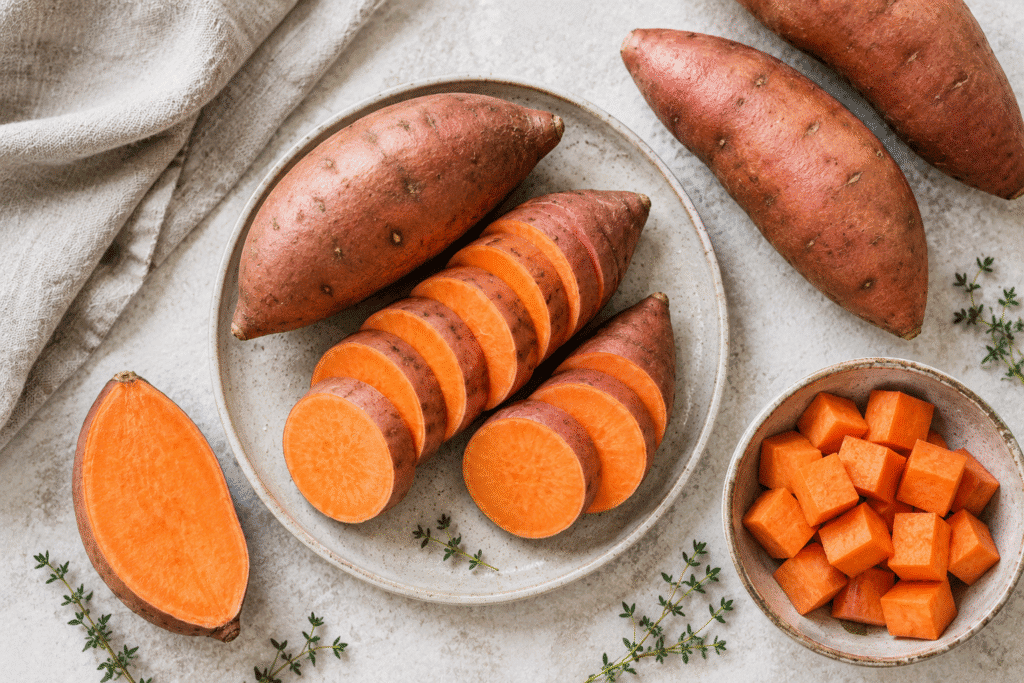 Flat lay image of sweet potatoes