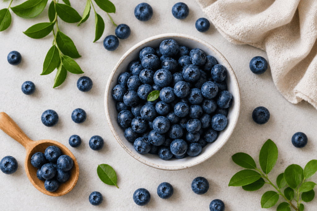 Flat lay image of blueberries