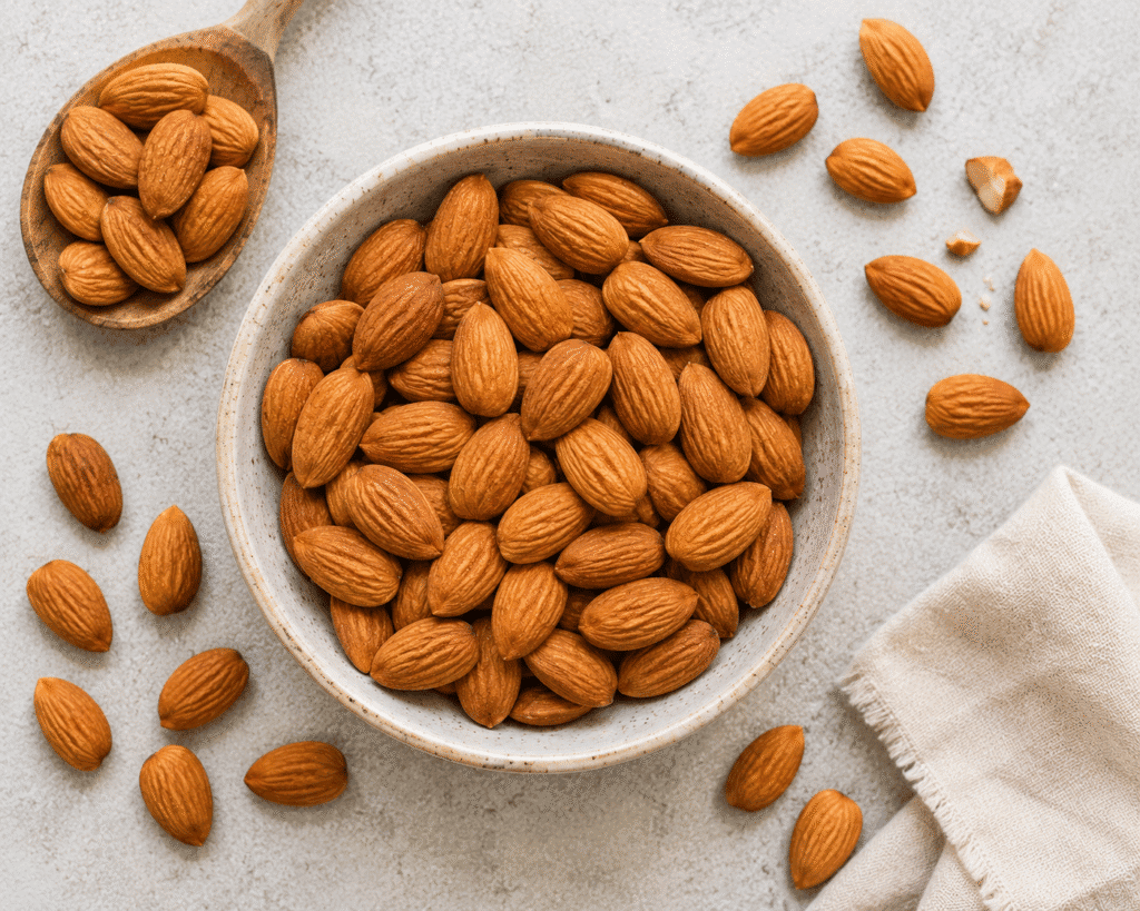 Flat lay image of almonds