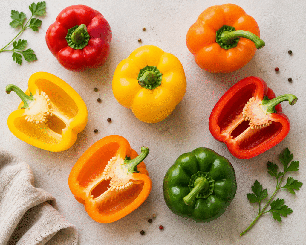 Flat lay image of bell peppers