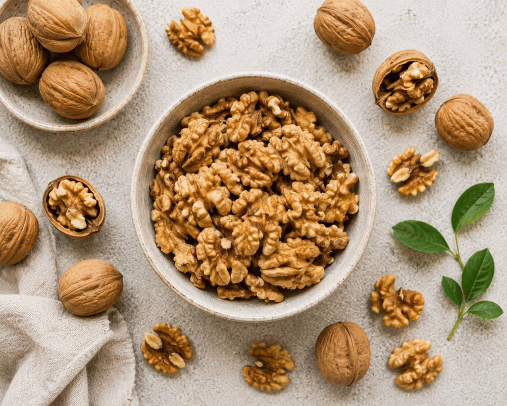 Flat lay image of walnuts