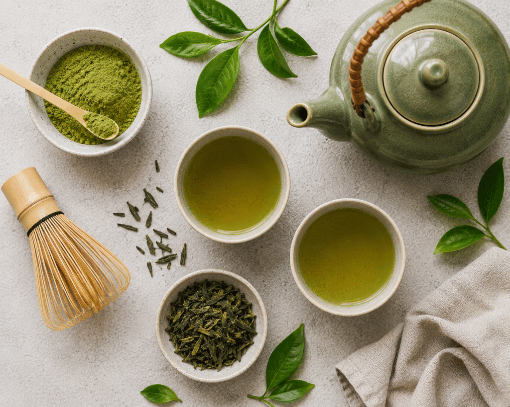 Flat lay image of green tea