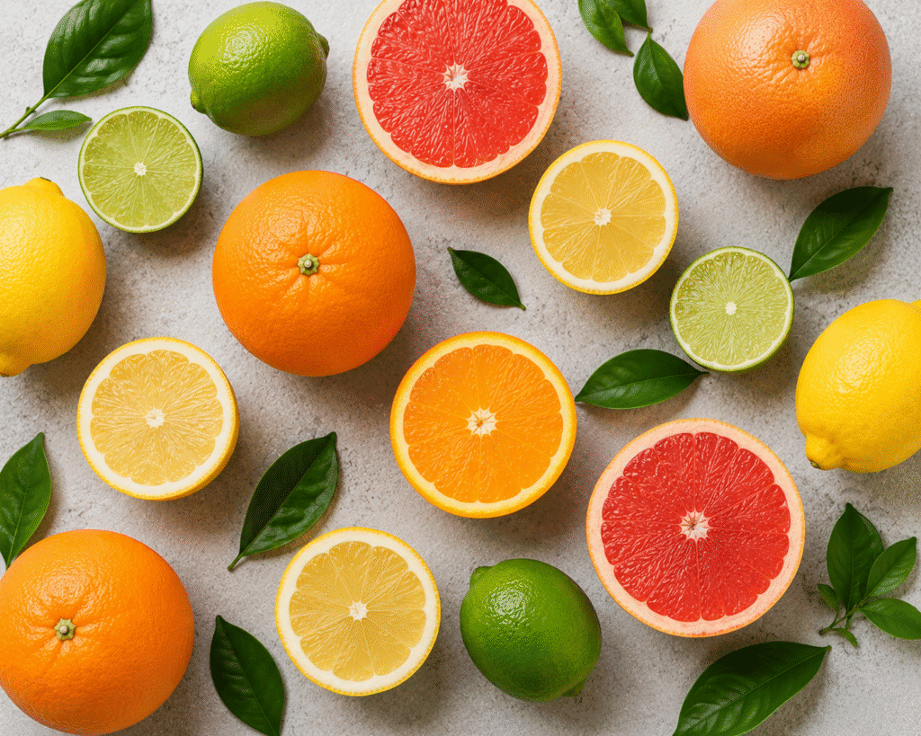 Flat lay image of citrus fruits