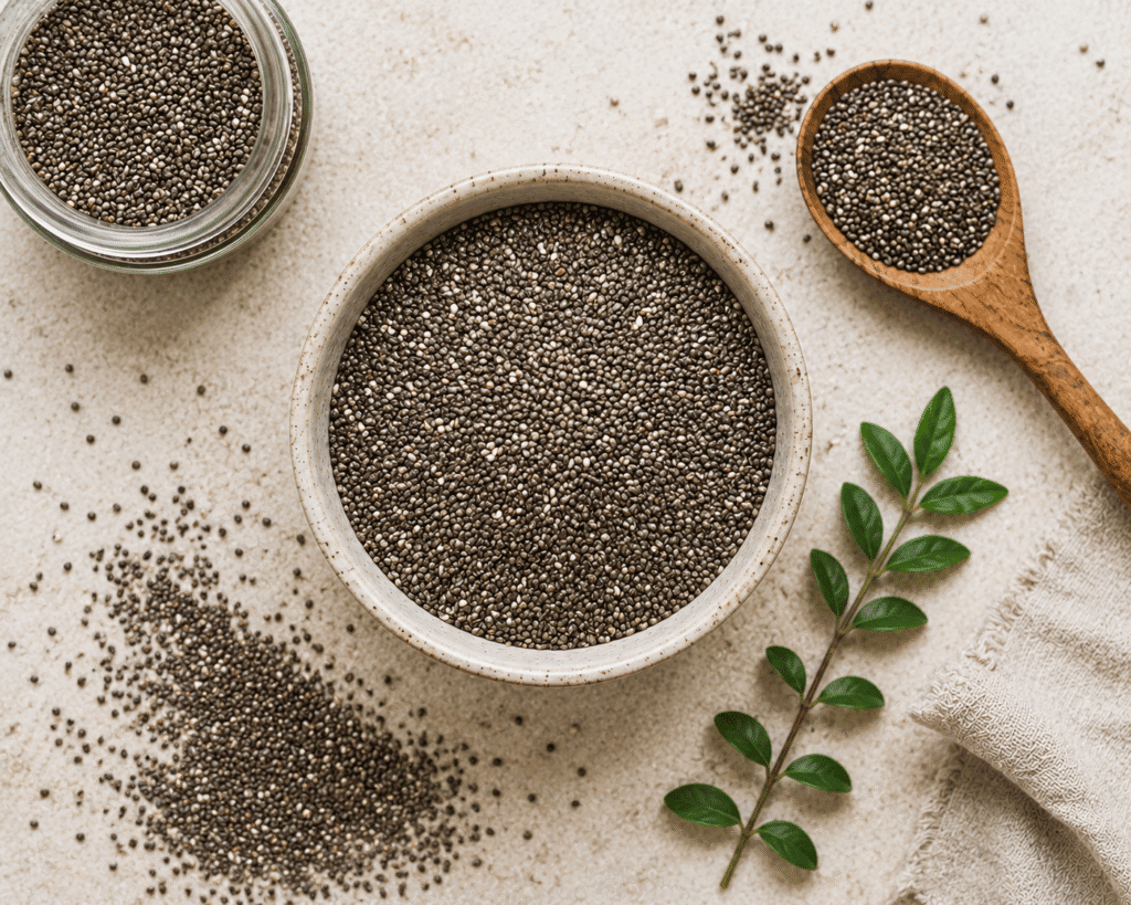 Flat lay image of chia seeds