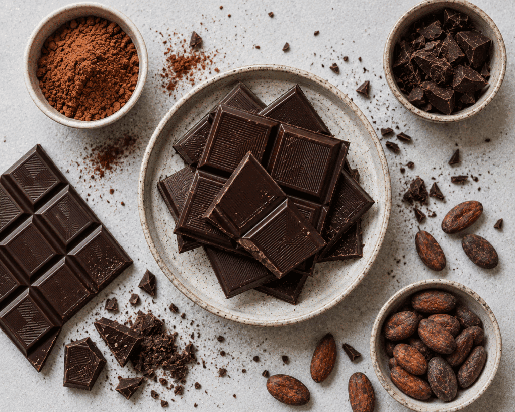 Flat lay image of dark chocolate