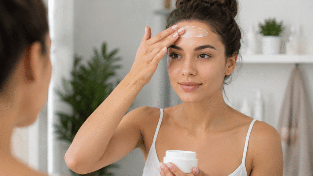 Woman applying moisturizer to her forehead.