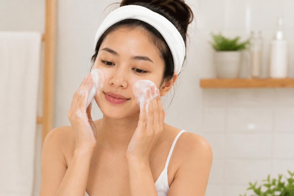 How to Get Rid of Mustache Shadow for Even Skin 3 Woman gently cleansing her face