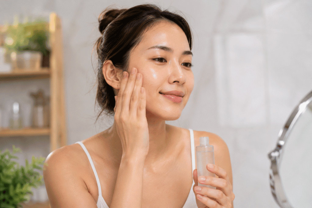 Woman applying a hydrating facial serum