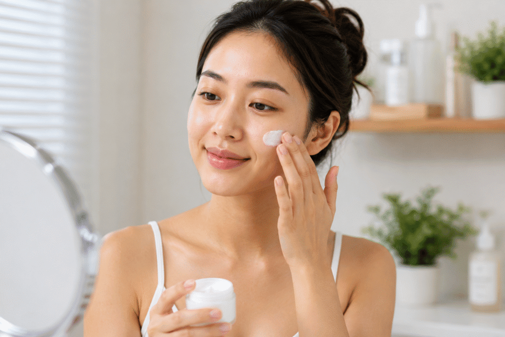 Woman applying moisturizer