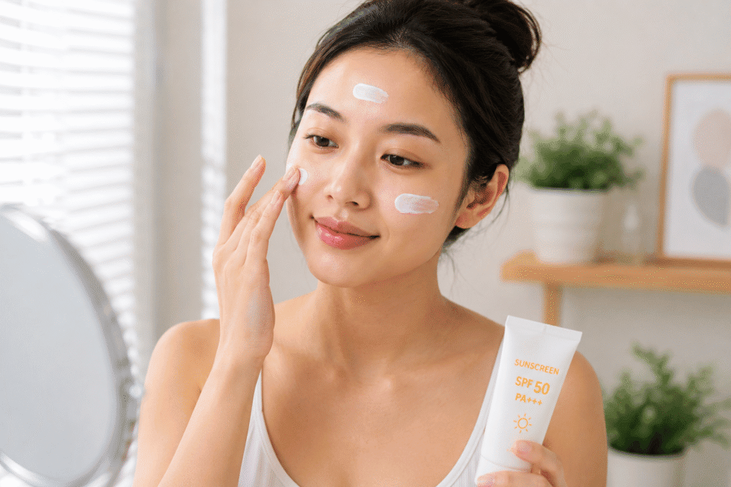 Woman applying sunscreen