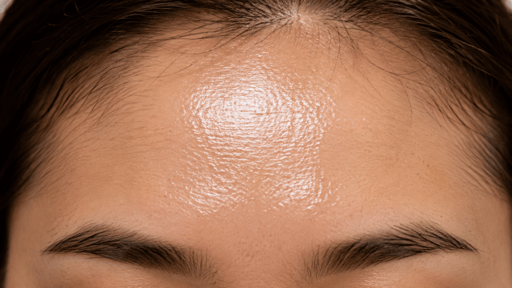 Why Is My Forehead So Oily? Causes and Skincare Tips 1 Close up photo of an oily forehead