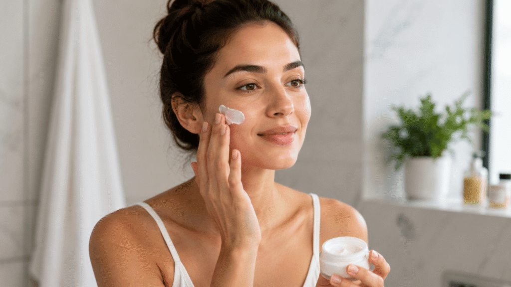 Woman gently applying moisturizer to her face